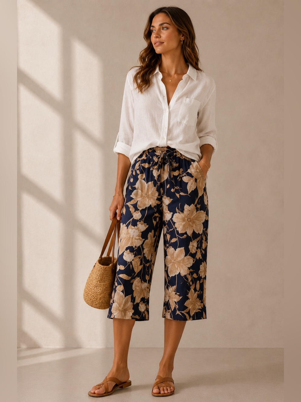 Joie Linen Blend Wide Leg Pants Size 14 Navy Beige Resort Coastal Floral